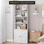 Libreria alta 181 cm, libreria stile rustico con ante e ripiani aperti, libreria autoportante a 6 livelli in legno per soggiorno, camera da letto, ufficio