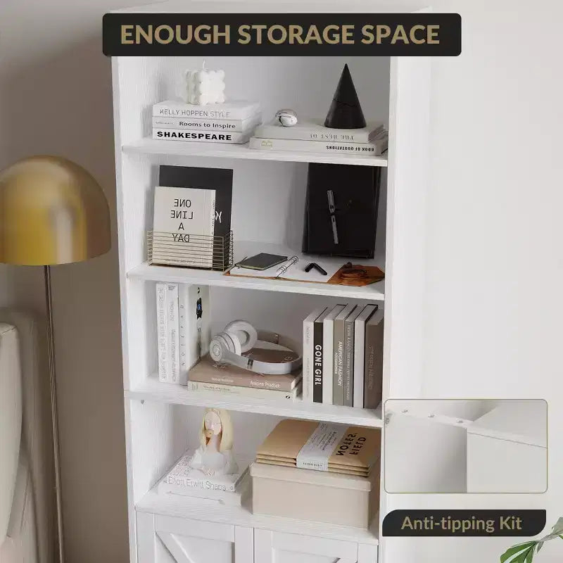 Libreria alta 181 cm, libreria stile rustico con ante e ripiani aperti, libreria autoportante a 6 livelli in legno per soggiorno, camera da letto, ufficio