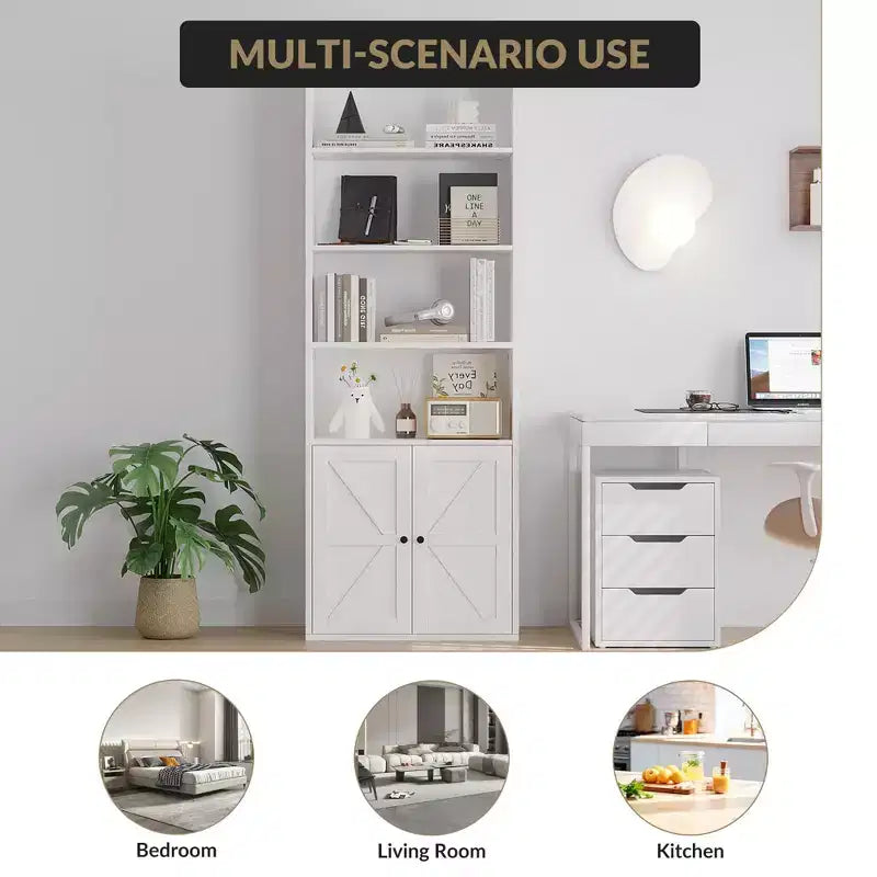 Libreria alta 181 cm, libreria stile rustico con ante e ripiani aperti, libreria autoportante a 6 livelli in legno per soggiorno, camera da letto, ufficio