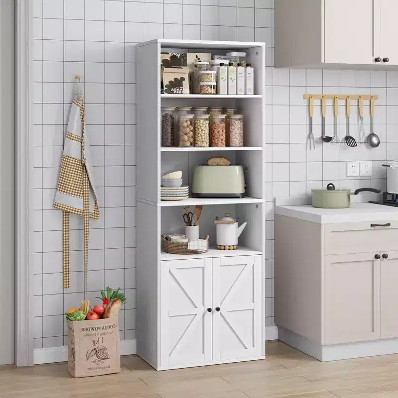 Libreria alta 181 cm, libreria stile rustico con ante e ripiani aperti, libreria autoportante a 6 livelli in legno per soggiorno, camera da letto, ufficio