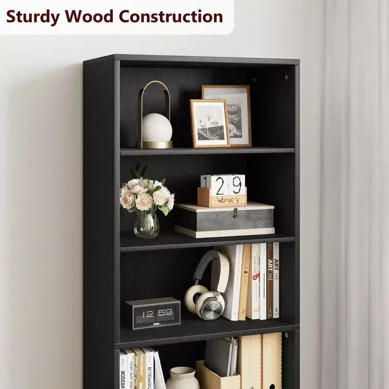 Libreria alta 181 cm, libreria stile rustico con ante e ripiani aperti, libreria autoportante a 6 livelli in legno per soggiorno, camera da letto, ufficio