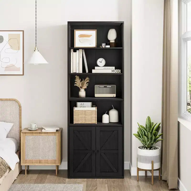 Libreria alta 181 cm, libreria stile rustico con ante e ripiani aperti, libreria autoportante a 6 livelli in legno per soggiorno, camera da letto, ufficio