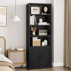 71.4 Inch High Bookcase, Farmhouse Bookcase with Doors and Open Shelves, 6-Tier Freestanding Wooden Bookcase for Living Room, Bedroom, Office