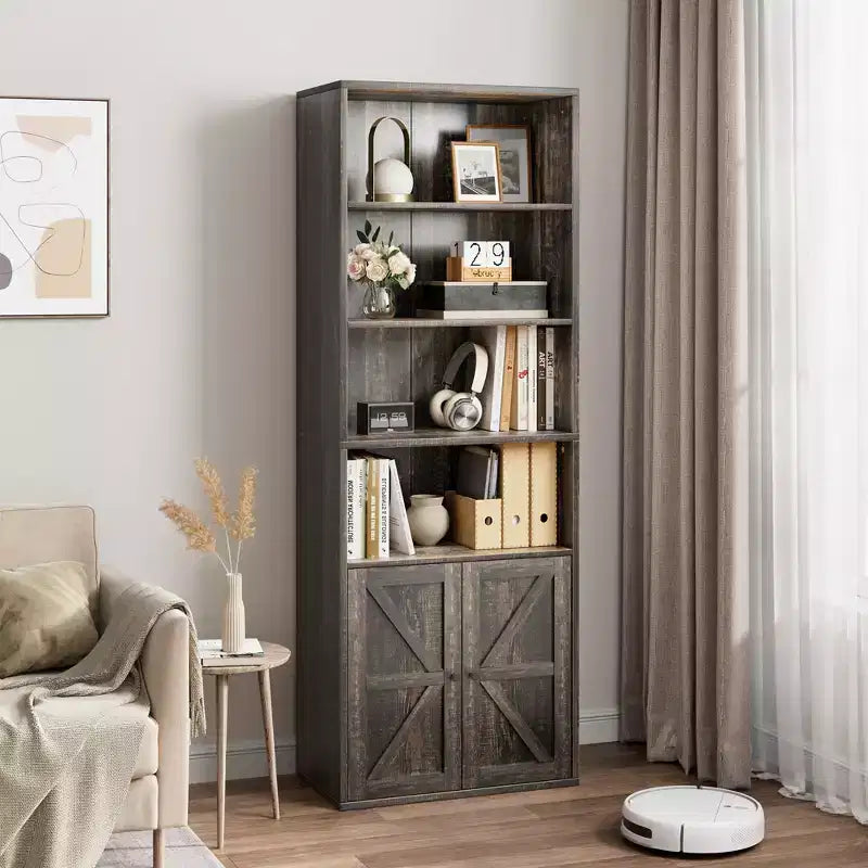 Libreria alta 181 cm, libreria stile rustico con ante e ripiani aperti, libreria autoportante a 6 livelli in legno per soggiorno, camera da letto, ufficio