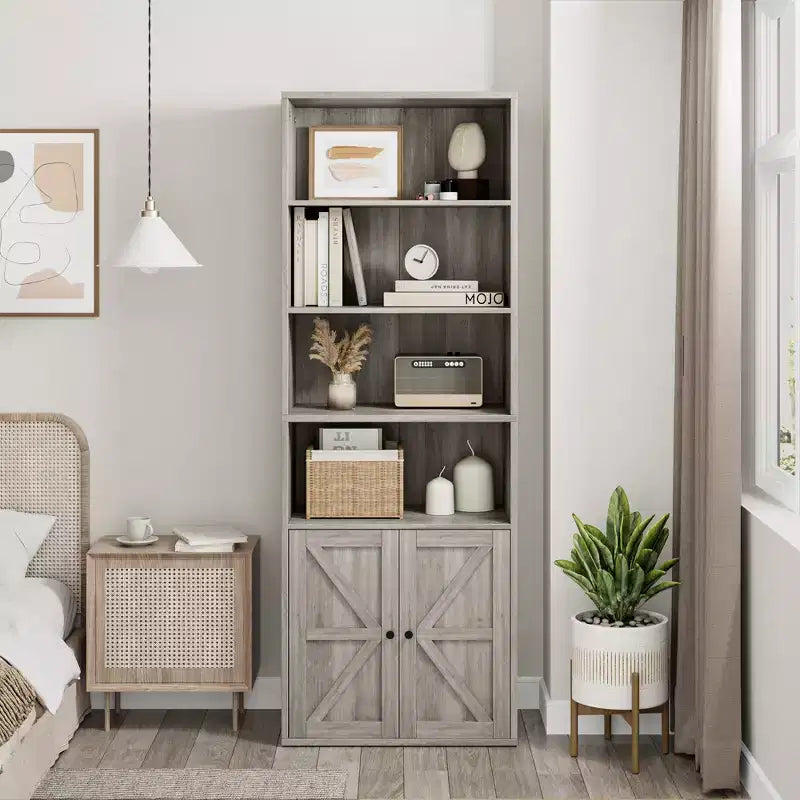Libreria alta 181 cm, libreria stile rustico con ante e ripiani aperti, libreria autoportante a 6 livelli in legno per soggiorno, camera da letto, ufficio