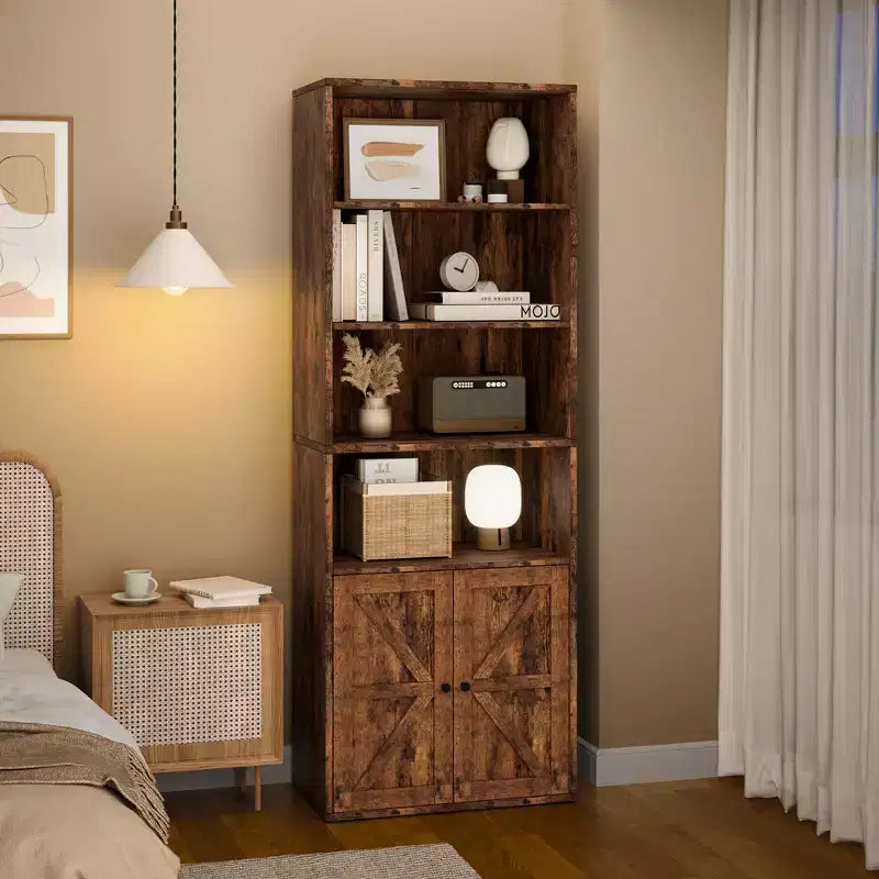 Libreria alta 181 cm, libreria stile rustico con ante e ripiani aperti, libreria autoportante a 6 livelli in legno per soggiorno, camera da letto, ufficio