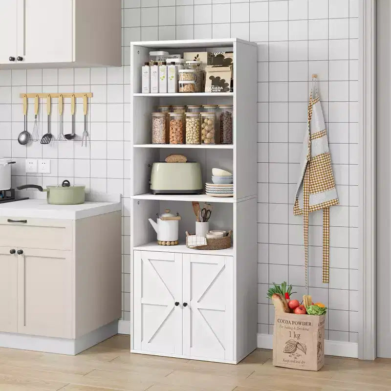 Libreria alta 181 cm, libreria stile rustico con ante e ripiani aperti, libreria autoportante a 6 livelli in legno per soggiorno, camera da letto, ufficio