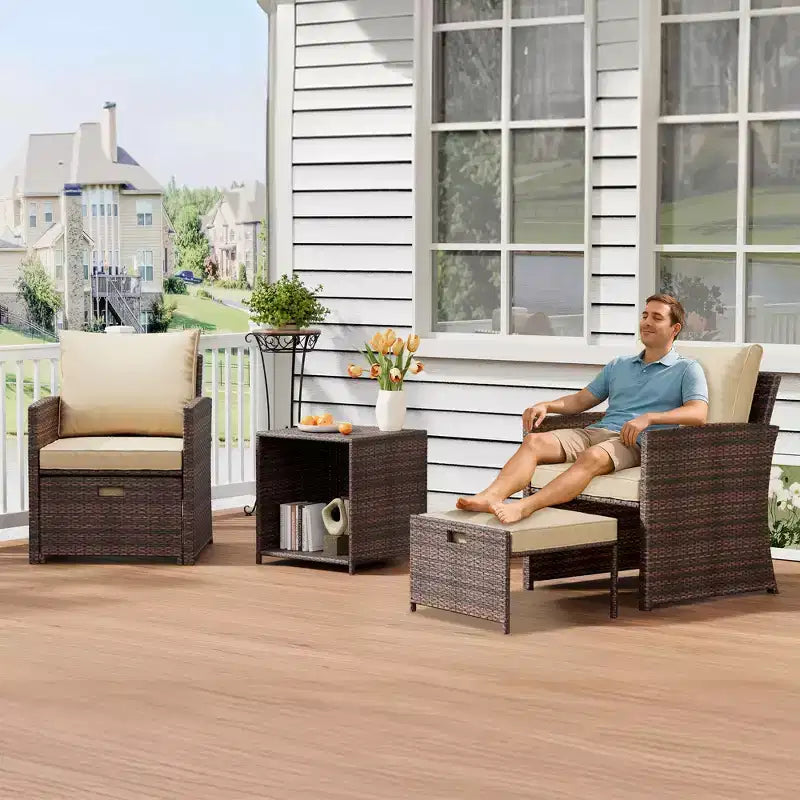 Set di mobili da patio a 5 pezzi con tavolo contenitore e sgabelli impilabili, set da bistrot da esterno in rattan per balcone, giardino, portico