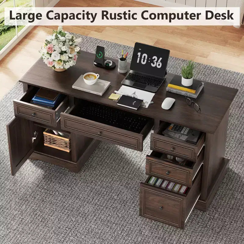 Scrivania direzionale da 150 cm, scrivania da computer in stile rustico con cassetti e armadietto, scrivania per ufficio in casa con texture in rilievo, postazione di lavoro per studio e scrittura