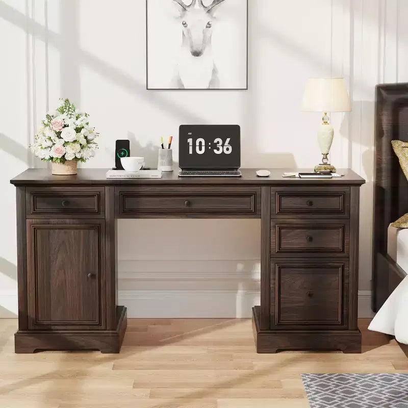 Scrivania direzionale da 150 cm, scrivania da computer in stile rustico con cassetti e armadietto, scrivania per ufficio in casa con texture in rilievo, postazione di lavoro per studio e scrittura