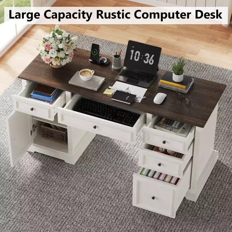 Scrivania direzionale da 150 cm, scrivania da computer in stile rustico con cassetti e armadietto, scrivania per ufficio in casa con texture in rilievo, postazione di lavoro per studio e scrittura