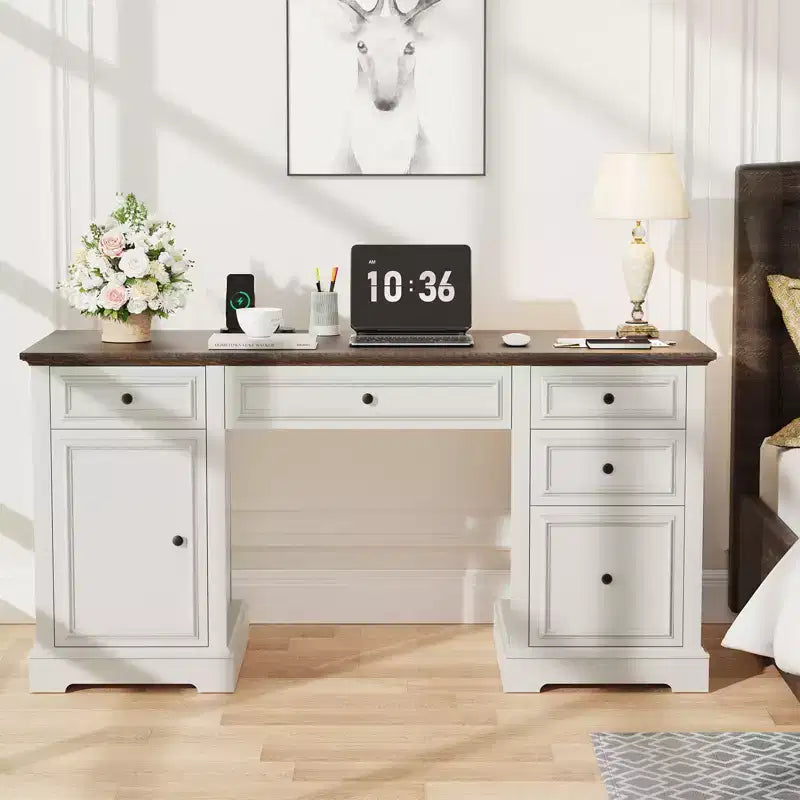 Scrivania direzionale da 150 cm, scrivania da computer in stile rustico con cassetti e armadietto, scrivania per ufficio in casa con texture in rilievo, postazione di lavoro per studio e scrittura