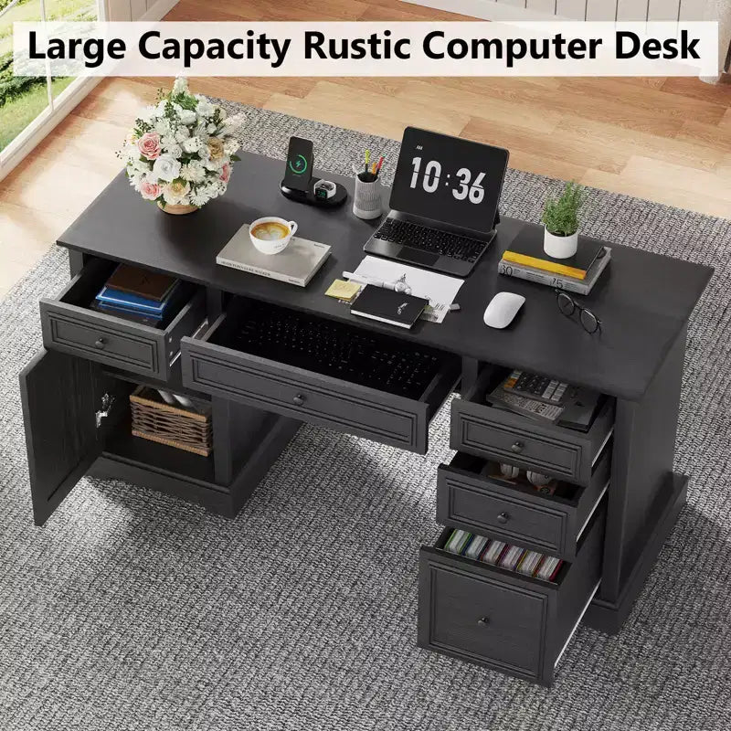 Scrivania direzionale da 150 cm, scrivania da computer in stile rustico con cassetti e armadietto, scrivania per ufficio in casa con texture in rilievo, postazione di lavoro per studio e scrittura