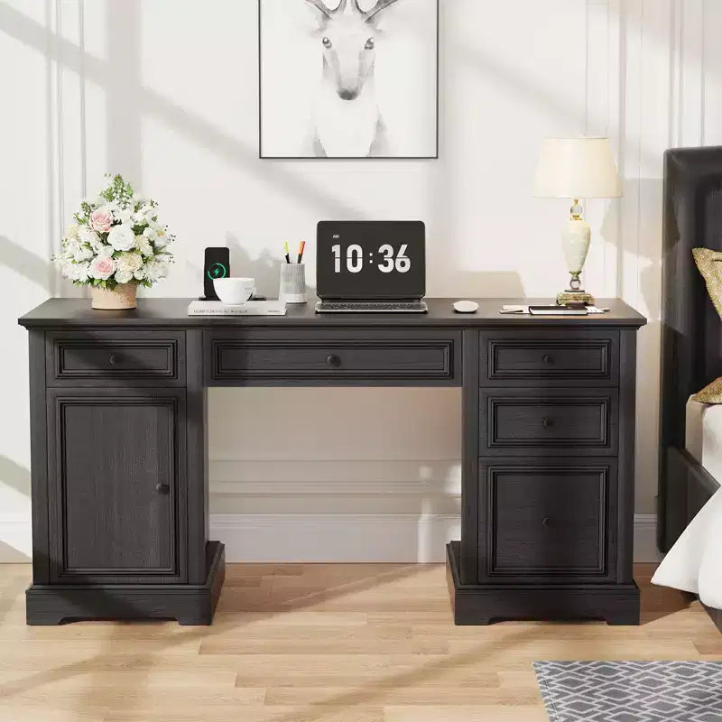 Scrivania direzionale da 150 cm, scrivania da computer in stile rustico con cassetti e armadietto, scrivania per ufficio in casa con texture in rilievo, postazione di lavoro per studio e scrittura