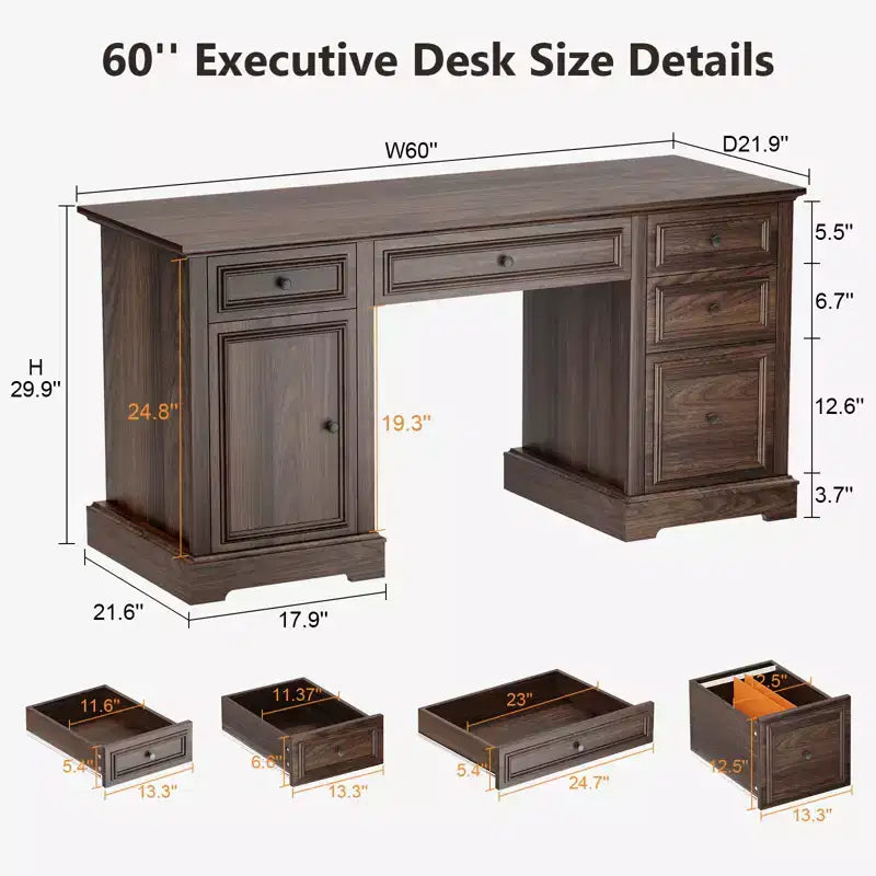 Scrivania direzionale da 150 cm, scrivania da computer in stile rustico con cassetti e armadietto, scrivania per ufficio in casa con texture in rilievo, postazione di lavoro per studio e scrittura