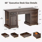 Scrivania direzionale da 150 cm, scrivania da computer in stile rustico con cassetti e armadietto, scrivania per ufficio in casa con texture in rilievo, postazione di lavoro per studio e scrittura