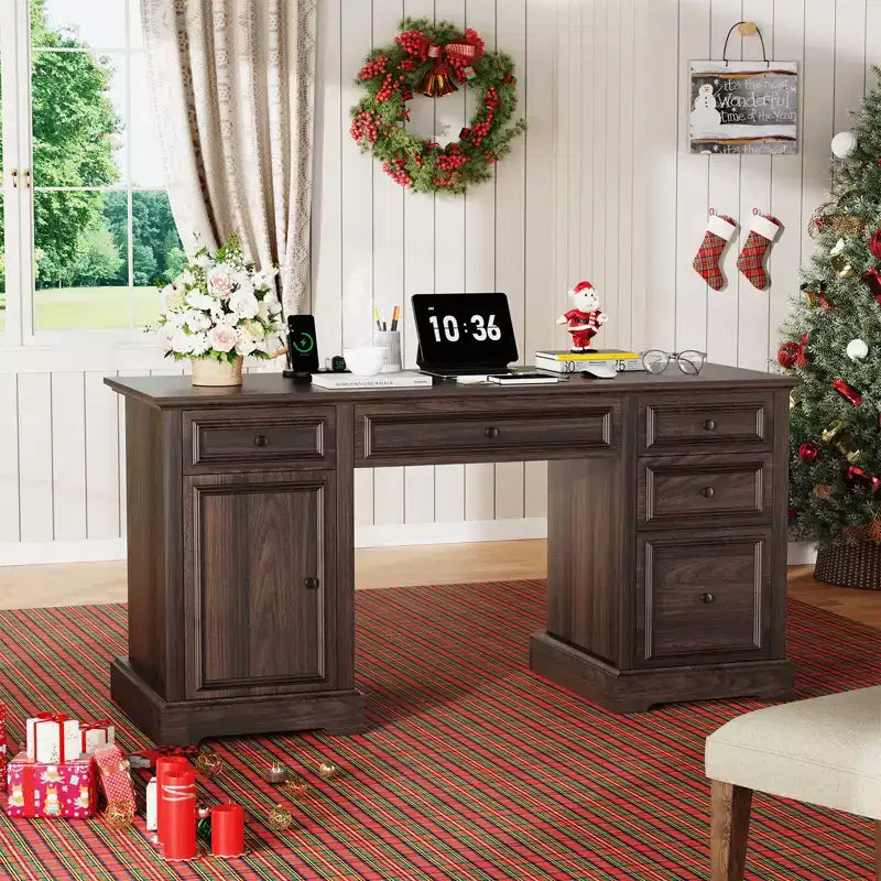 Scrivania direzionale da 150 cm, scrivania da computer in stile rustico con cassetti e armadietto, scrivania per ufficio in casa con texture in rilievo, postazione di lavoro per studio e scrittura