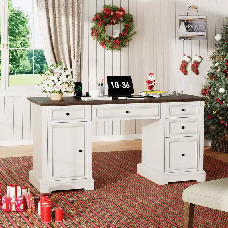 Scrivania direzionale da 150 cm, scrivania da computer in stile rustico con cassetti e armadietto, scrivania per ufficio in casa con texture in rilievo, postazione di lavoro per studio e scrittura