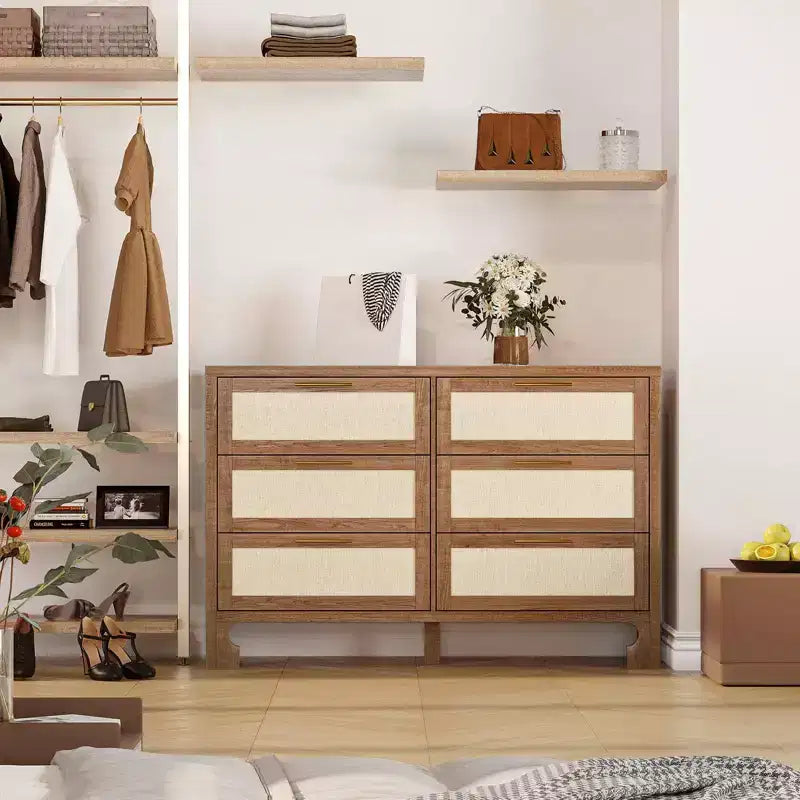 Comò a 6 cassetti per camera da letto, Comò in legno con design in tela di juta, Cassettiera classificata con maniglia in metallo dorato
