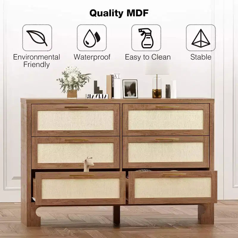 Comò a 6 cassetti per camera da letto, Comò in legno con design in tela di juta, Cassettiera classificata con maniglia in metallo dorato