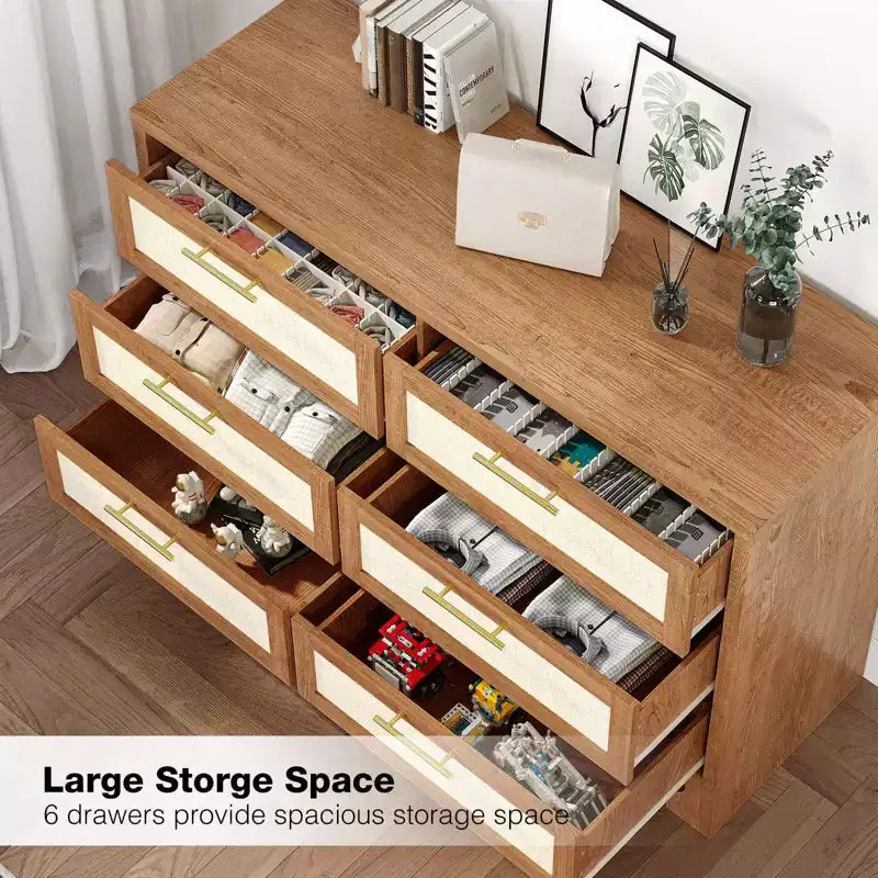 Comò a 6 cassetti per camera da letto, Comò in legno con design in tela di juta, Cassettiera classificata con maniglia in metallo dorato