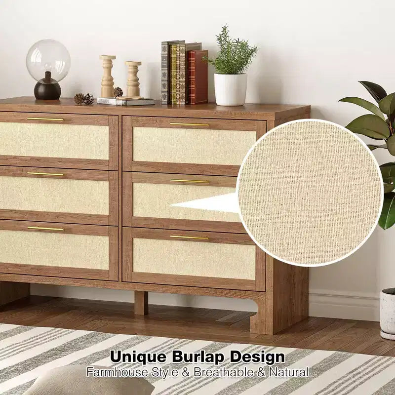 Comò a 6 cassetti per camera da letto, Comò in legno con design in tela di juta, Cassettiera classificata con maniglia in metallo dorato