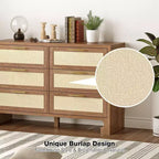 Comò a 6 cassetti per camera da letto, Comò in legno con design in tela di juta, Cassettiera classificata con maniglia in metallo dorato