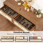 Comò a 6 cassetti per camera da letto, Comò in legno con design in tela di juta, Cassettiera classificata con maniglia in metallo dorato