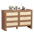 Comò a 6 cassetti per camera da letto, Comò in legno con design in tela di juta, Cassettiera classificata con maniglia in metallo dorato