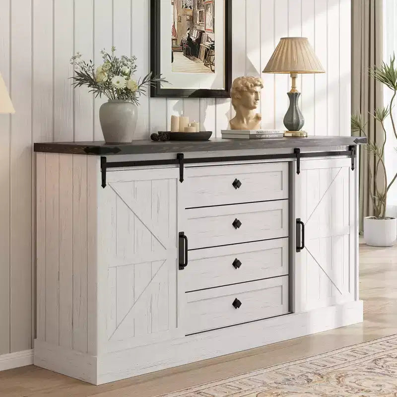 Farmhouse 4 Drawer Dresser, Wide Chest of Drawers with Sliding Barn Door, Rustic Wood Sideboard Buffet Cabinet