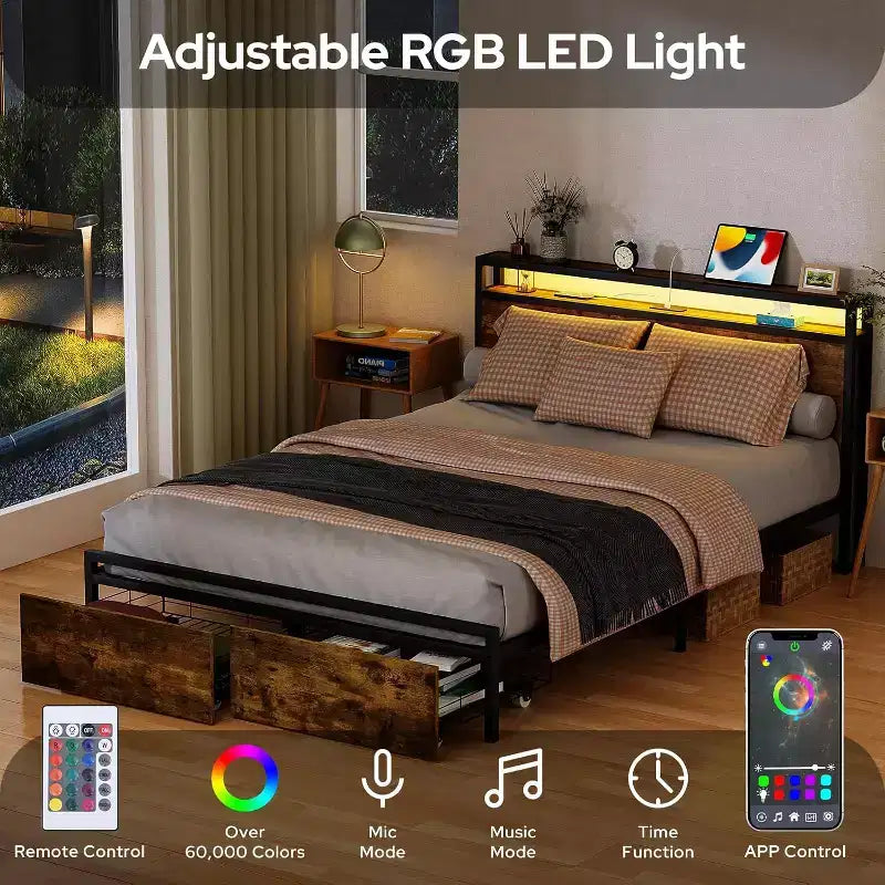 Struttura letto matrimoniale Zevemomo con cassetti portaoggetti, luce LED integrata, senza rumore, marrone rustico