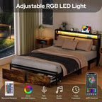 Struttura letto matrimoniale Zevemomo con cassetti portaoggetti, luce LED integrata, senza rumore, marrone rustico