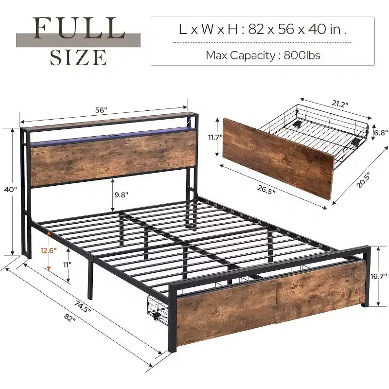 Struttura letto matrimoniale Zevemomo con cassetti portaoggetti, luce LED integrata, senza rumore, marrone rustico