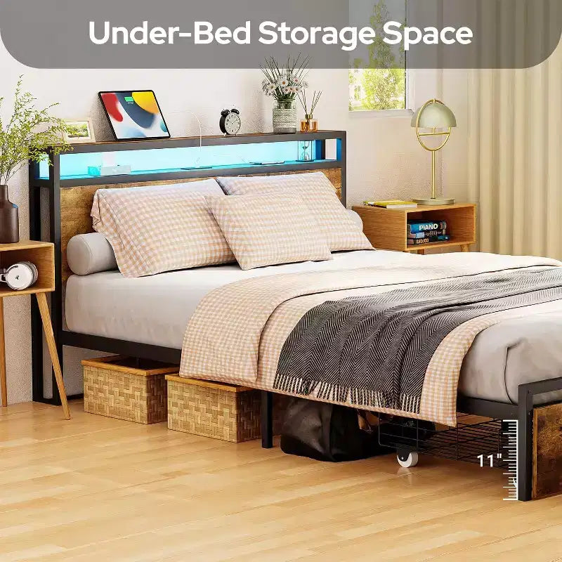 Struttura letto matrimoniale Zevemomo con cassetti portaoggetti, luce LED integrata, senza rumore, marrone rustico