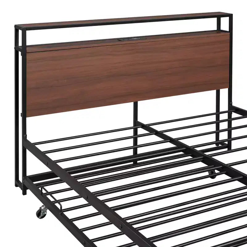 Struttura letto a piattaforma in metallo con letto estraibile, letto a piattaforma con testiera imbottita e porte USB