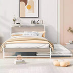 Struttura letto a piattaforma in metallo con letto estraibile, letto a piattaforma con testiera imbottita e porte USB