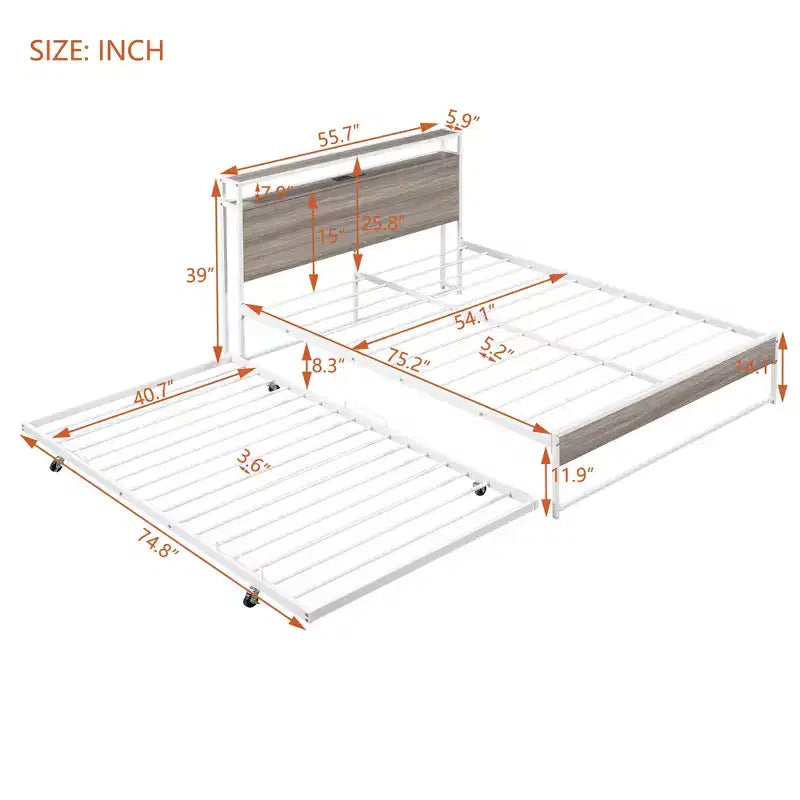 Struttura letto a piattaforma in metallo con letto estraibile, letto a piattaforma con testiera imbottita e porte USB