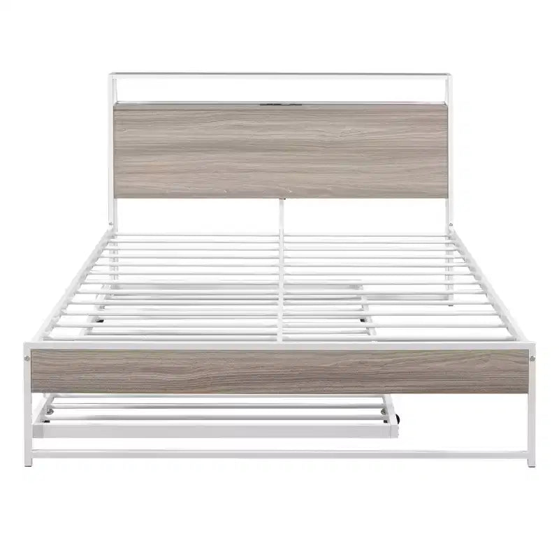 Struttura letto a piattaforma in metallo con letto estraibile, letto a piattaforma con testiera imbottita e porte USB