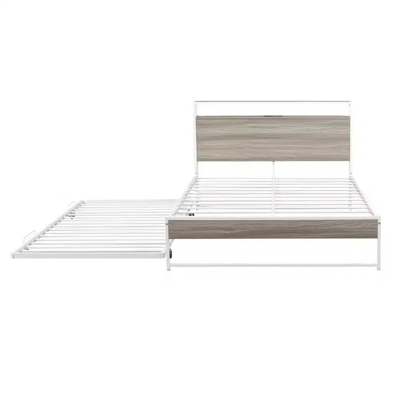Struttura letto a piattaforma in metallo con letto estraibile, letto a piattaforma con testiera imbottita e porte USB