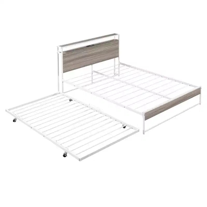 Struttura letto a piattaforma in metallo con letto estraibile, letto a piattaforma con testiera imbottita e porte USB