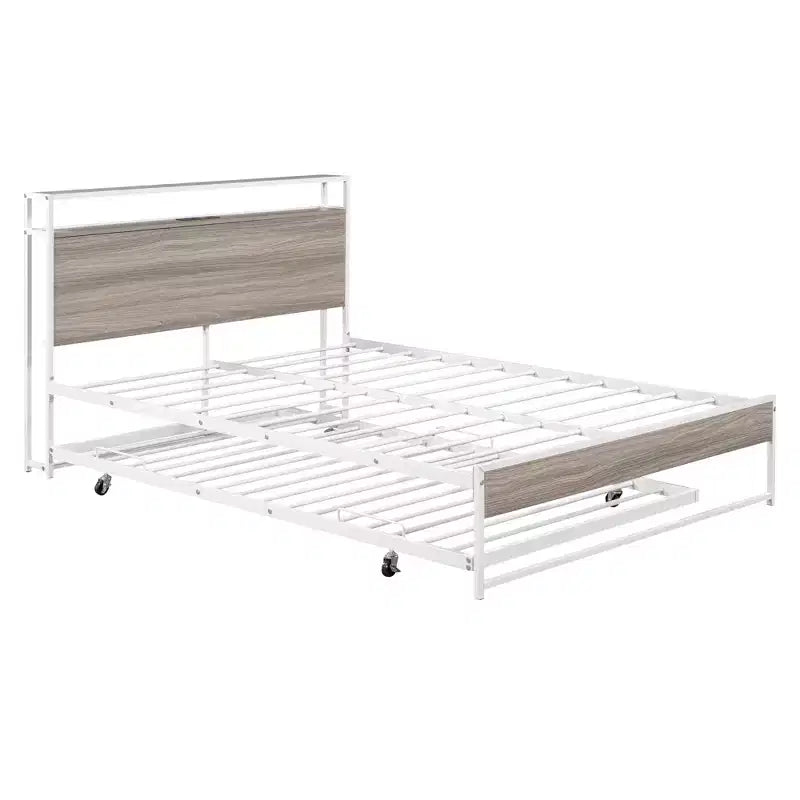 Struttura letto a piattaforma in metallo con letto estraibile, letto a piattaforma con testiera imbottita e porte USB