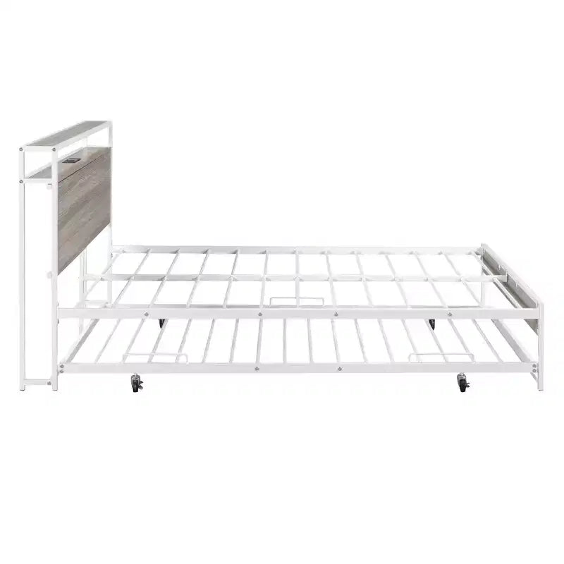 Struttura letto a piattaforma in metallo con letto estraibile, letto a piattaforma con testiera imbottita e porte USB