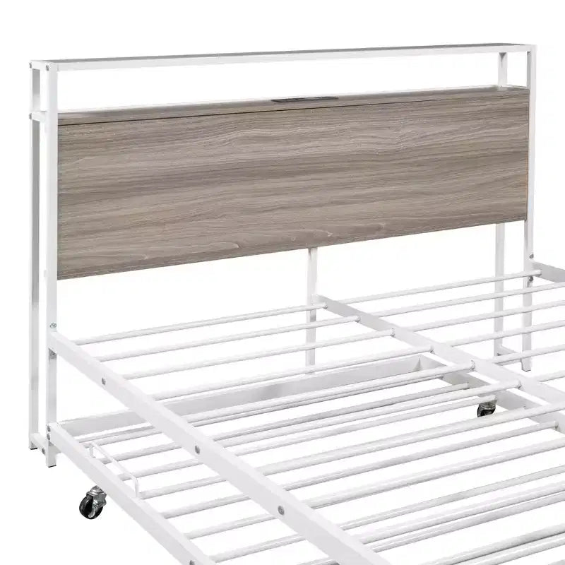 Struttura letto a piattaforma in metallo con letto estraibile, letto a piattaforma con testiera imbottita e porte USB