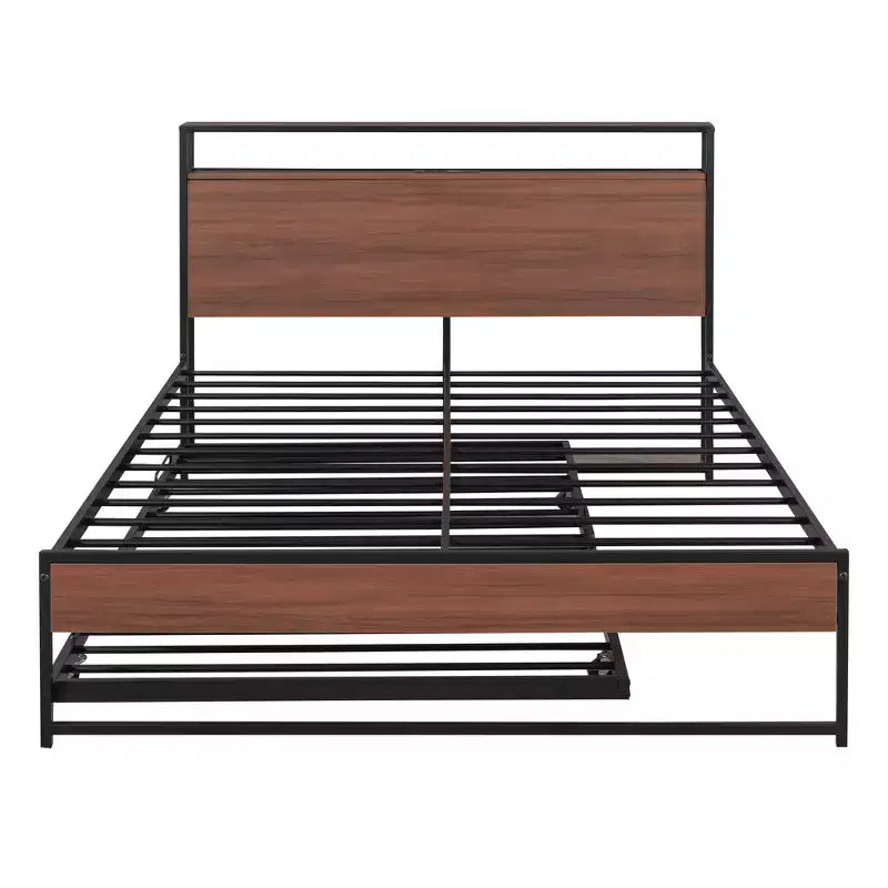 Struttura letto a piattaforma in metallo con letto estraibile, letto a piattaforma con testiera imbottita e porte USB