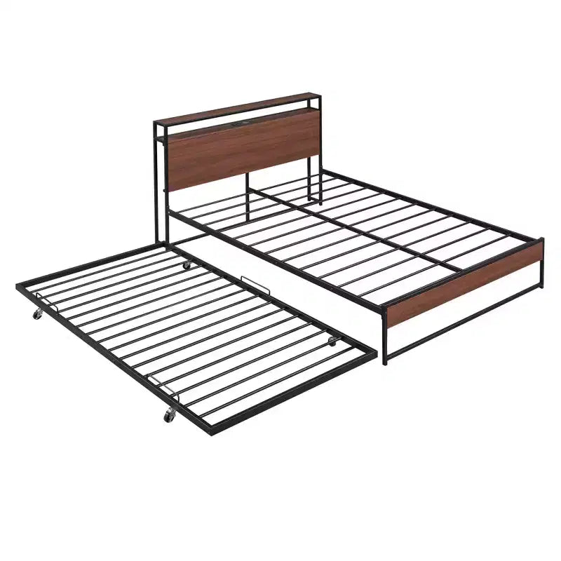 Struttura letto a piattaforma in metallo con letto estraibile, letto a piattaforma con testiera imbottita e porte USB