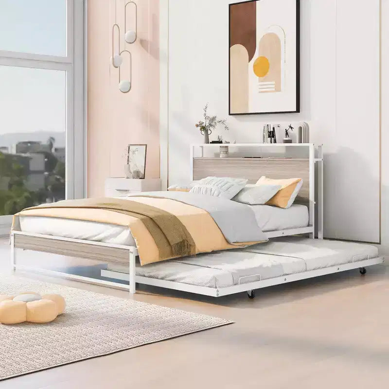 Struttura letto a piattaforma in metallo con letto estraibile, letto a piattaforma con testiera imbottita e porte USB