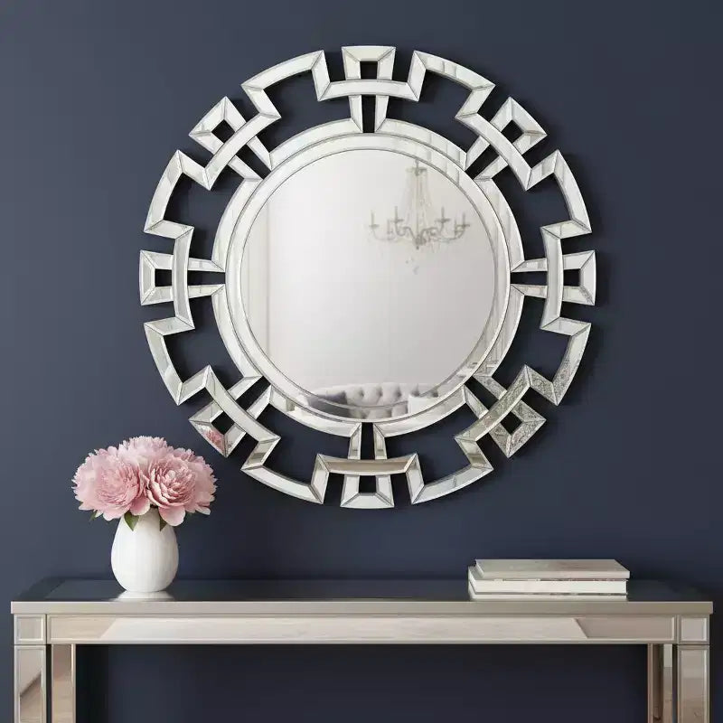 Specchio da parete rotondo in vetro argentato da 32 pollici con cornice geometrica Art Déco