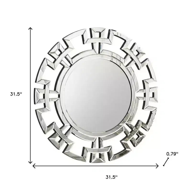 Specchio da parete rotondo in vetro argentato da 32 pollici con cornice geometrica Art Déco