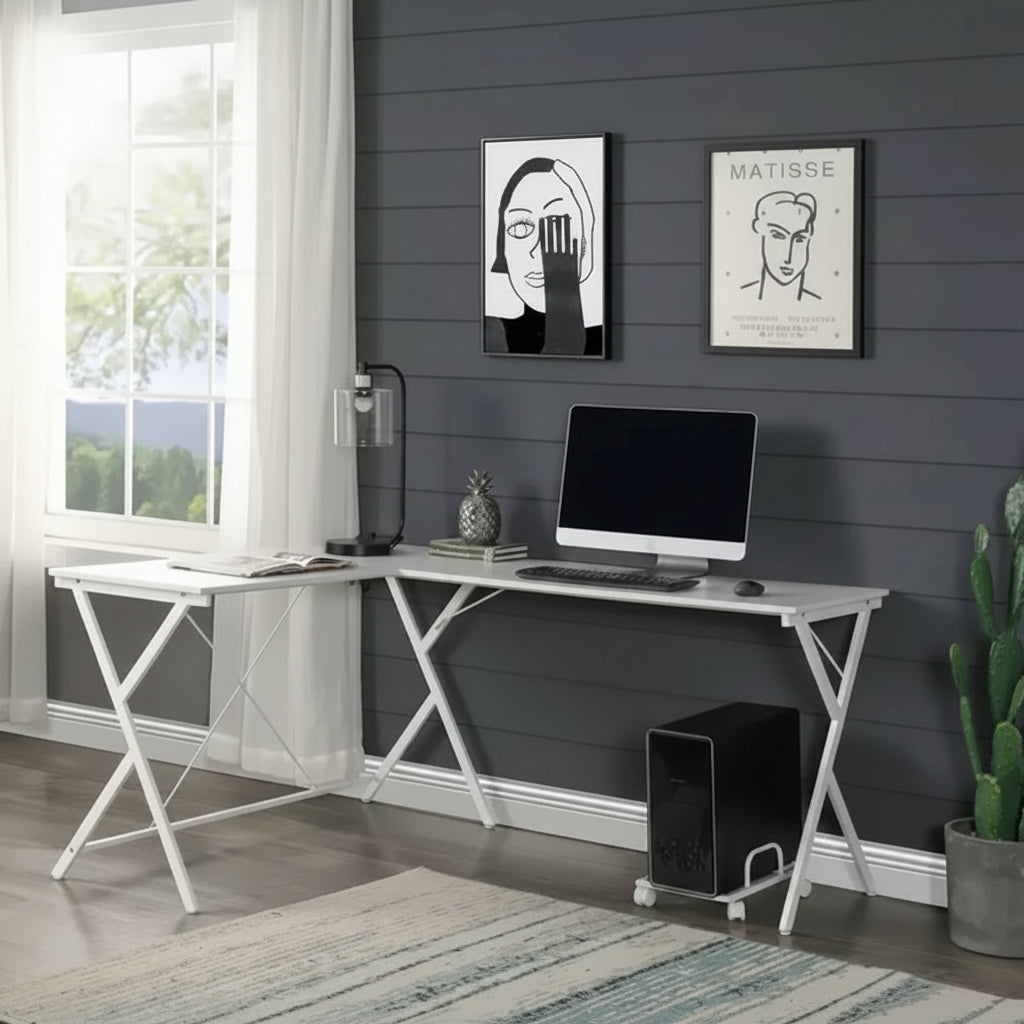 Okak 62IN Minimalism L-Shaped Desk with Cross Legs, Computer Desk with Ample Tabletop, Office Desk for Bedroom, Living Room, Office
