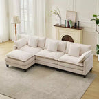 3-Seater Sectional Sofa with Footstool, Deep Corduroy Sofa, Double Cushions, Plush Back and Armrest Pillows, Comfortable Cloud Sofa for Living Room